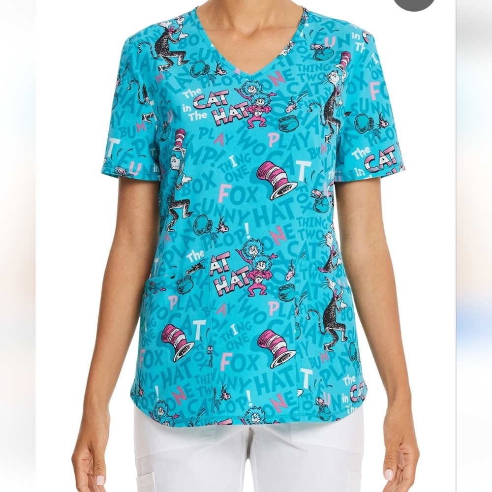 Dr. Seuss Scrub Top Shirt Cat in the Hat Thing One And Two V-neck Aqua Blue M